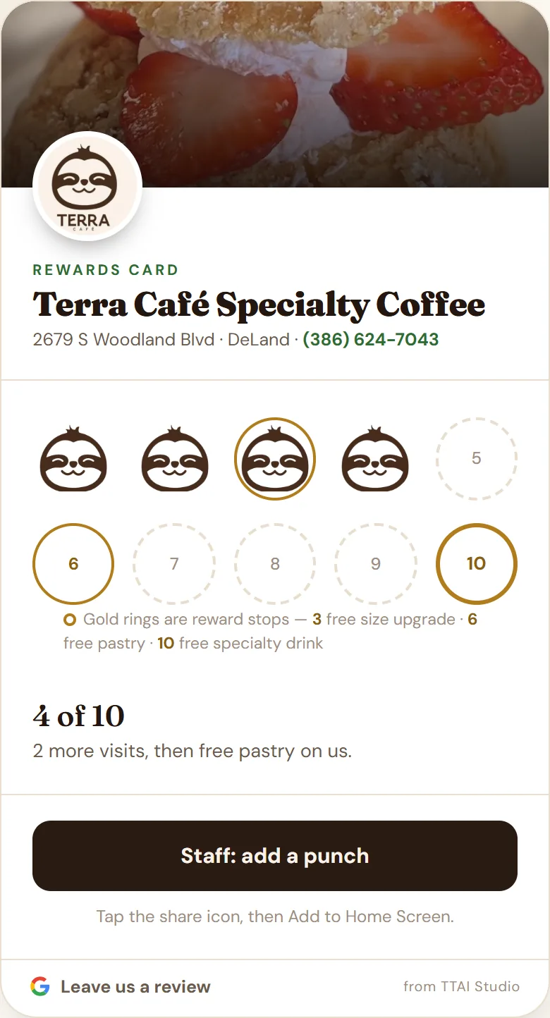 Terra Café Specialty Coffee digital rewards card showing four of 10 visits